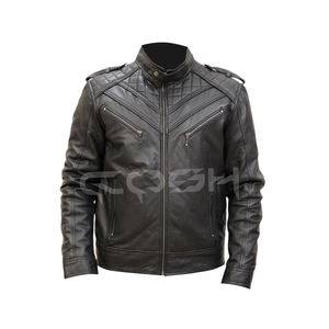 Chaqueta de Motociclista de Cuero Auténtico Negro de Alta Calidad con Cuello Alto y Múltiples Bolsillos |   Detalles Acolchados en el Pecho y Hombros - Product Image 1