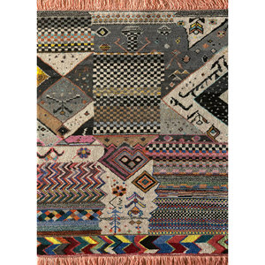 Tapis rectangulaire Manchaha gris et noir en laine et soie de bambou noué à la main, motif patchwork, pour la maison, salon et chambre à coucher - Product Image 1