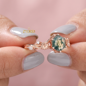 Anillo de compromiso floral de plata 925 con ágata musgosa hexagonal, inspirado en la naturaleza, con diseño de margarita y ramas. - Product Image 1
