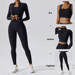 Women's 4-Piece <b>Yoga</b> Set Leggings Shorts Bra <b>Jacket</b> Solid Front Breathable Spandex/Nylon Gym Fitness Full Outfit - Product Image 1