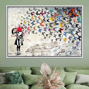 Toile d'art imprimée Banksy Butterfly Girl, motif vitrail, toile encadrée blanche - Product Image 1