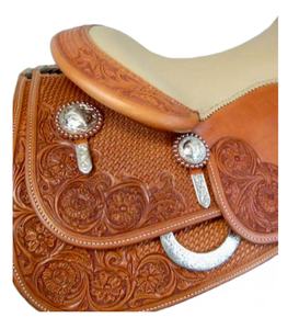 Selle de baril western pour cheval de qualité supérieure, en cuir sculpté à la main avec siège en daim doux pour une équitation confortable - Product Image 5