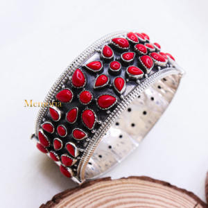 925 Sterling <b>Silver</b> Natural Red Coral Gemstone <b>Bracelet</b> <b>Silver</b> Kada Oxidized Bangle Jewelry for Wholesale - Product Image 4