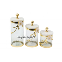 Ensemble de pots en verre décoratifs cylindriques vintage de luxe avec couvercle en marbre, feuille d'or, design martelé, écologique, alimentaire, couvercle de rangement