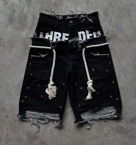 Jorts en jean à imprimé personnalisé Rhinestone cristal Baggy vintage Jumbo anneaux de serrage double taille pour hommes Shorts en jean pour hommes - Product Image 1