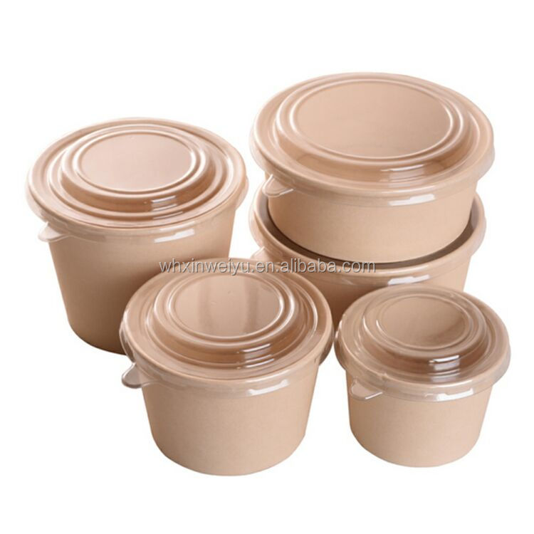 Craft Paper Disposable Eco-Friendly Thickened Oil Resistant Kraft Paper Bowl Bowl with Lid Leak-Proof 750-1300ml Custom Printing