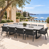 OEM Maßgefertigtes Aluminium Outdoor-Esszimmer-Set Hotel Resort Restaurant Esstisch & Seilgewebte Armlehnstühle UV-Beständig