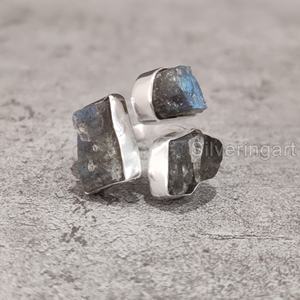 Bague pour femme en pierre brute naturelle, labradorite, triple pierre, ajustable, en argent sterling 925, pour Noël - Product Image 2