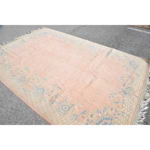 Vintage Turkish Rug Large Rectangle 6.9 X 10.3ft Classic <b>Pink</b> Blue Patchwork Design <b>Wool</b> Latex Abstract Hallway Room Rug - Product Image 4