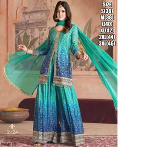 Kurta Sharara Dupatta brodé ethnique avec pompons col rond manches trois-quarts long costume indien Sharara Pallazo mariage - Product Image 4