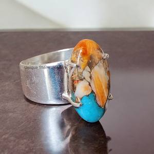 แหวนเงินสเตอร์ลิง925ทำด้วยมือพลอยเทอร์ควอยซ์ทองแดงหอยนางรมที่สวยงามสำหรับสตรีฝังขอบทรงวงรี - Product Image 4