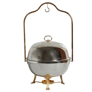 Plat de service rond de luxe en acier inoxydable avec accents dorés pour buffet, chauffe-plats, finition argent et or - Product Image 1
