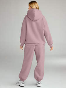 Ensemble de survêtement pour femme à capuche en deux pièces, très vendu, hiver, taille plus, 100% coton, logo brodé délavé, bouton unisexe, court - Product Image 4