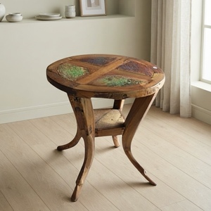 Table à manger ronde en teck massif, artisanale, durable, 2 places, en bois de bateau récupéré, antique, écologique, rustique, vintage, vente en gros - Product Image 4