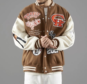 Wholesale Custom Logo Chenille Embroidery Patch Brown Male Leather Sleeves Varsity <b>Jacket</b> Men Vintage College <b>Jackets</b> - Product Image 2