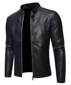 Stylish <b>Men's</b> 100% Leather <b>Jacket</b> with Zipper Closure Solid Pattern Stand Collar Plain Dyed Finish Custom <b>Slim</b> <b>Fit</b> - Product Image 3