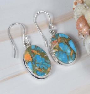 Oyster cuivre Turquoise 925 argent Sterling pierres précieuses crochet boucles d'oreilles décembre pierre de naissance bijoux faits à la main forme ovale cadeau pour elle - Product Image 4