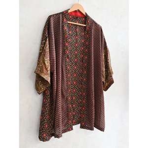 Bohemian <b>Plus</b> <b>Size</b> Knee Length Breathable Silk Patchwork <b>Kimono</b> Robe Handmade Indian Printed Nightwear Lounge - Product Image 2