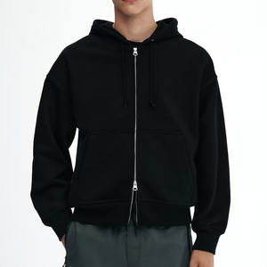 Sweat à capuche en molleton 100% coton pour homme avec fermeture éclair double coulisse personnalisable, motif uni, poids lourd, col à capuche pour l'hiver - Product Image 1