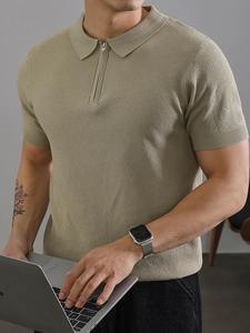 Punto Vintage con Cremallera para Hombre, Camisa Polo con Cuello Vuelto, 100% Algodón, Manga Corta, Color Sólido, Informal, Primavera y Verano - Product Image 4