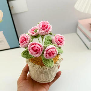Crochet transfrontalier fait main en coton, fleur artificielle en fil de rose, bonsaï en pot pour bureau, décoration d'intérieur, ornements, cadeau, voyage - Product Image 2