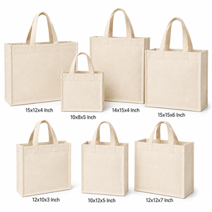 Kit d'échantillons de sacs fourre-tout en toile de coton à soufflets, 7 tailles, 330 GSM, sacs de courses réutilisables, vente en gros, fabricant en vrac - Product Image 1