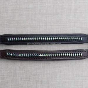 Banda para cejas de caballo de cuero de canal vacío con acabado Premium marrón negro personalizada con perla plateada y cristal decorativo ostentoso - Product Image 3