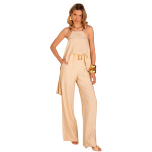 <b>Women</b> Halter Neck Top and Wide Leg Pants Set Sleeveless Two Piece Outfit Solid Color <b>Resort</b> <b>Wear</b> - Product Image 1