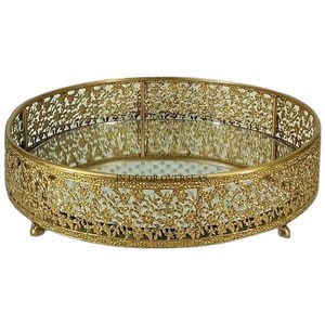Modern Creative Art Designer Best Quality Aluminum Casted Gold Plated Framed Round Shape Hotel & Restaurant Mirror Serving <b>Tray</b> - Product Image 3