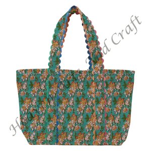 Bolsa de Mano Grande de Algodón Hecha a Mano Ric Rac para Mujer, Bolsa de Viaje con Estampado de Bloques Elegante, Floral - Product Image 5