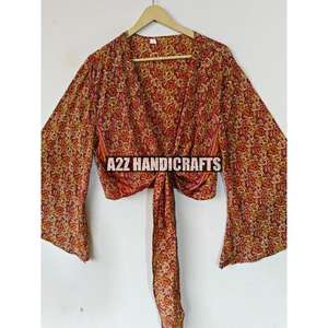 เสื้อครอปสตรีทรงกระดิ่งผูกเน็คไทเสื้อลายดอกไม้วินเทจลำลองของผู้หญิงเสื้อคอวีลึกเสื้อผ้าไหมทอสวมใส่ในฤดูร้อน - Product Image 3