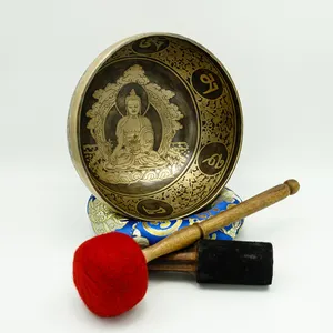 NBTE-ヨガと瞑想のための薬仏刻まれた7つの金属手作りヒマラヤ歌うボウル、特別な手彫りの歌うボウル