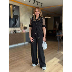 Ensemble deux pièces en modal pour femme, avec col, manches courtes, détails en maille et boutons, veste et pantalon, 37680 - Noir - Product Image 4