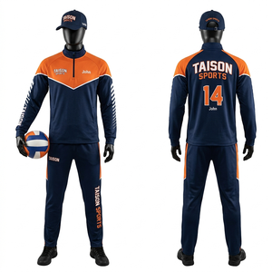 Breathable polyester spandex 250 GSM volleyball <b>men</b> training suit navy orange panel style custom embroidery logo - Product Image 1
