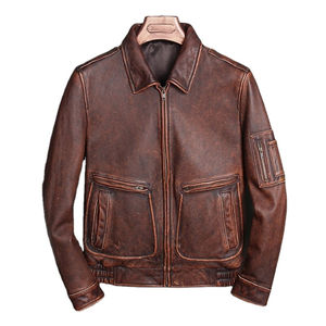 Veste en cuir de vachette véritable marron vintage pour homme, blouson bombardier épais avec col montant et logo sur le devant en toile, OEM - Product Image 5