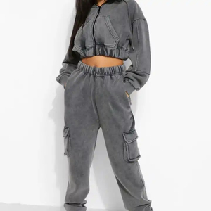 Ensemble de survêtement à logo personnalisé ensemble de vêtements d'automne pour femmes ensemble de survêtement 100% coton délavé à l'acide pantalon de survêtement et ensemble de sweat à capuche vierge à fermeture éclair - Product Image 2