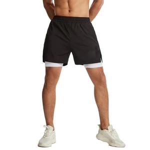 Gran oferta, pantalones cortos de entrenamiento de gimnasio de doble capa personalizados para hombres, LICRA de secado rápido con bolsillo oculto, patrón sólido, estilo informal - Product Image 3