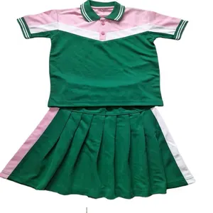 School Uniform Primary Students T shirts Skirt Customized Designs Green Girls Short Sleeve Uniforms
