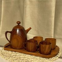 Service à thé en verre et bois de cerisier, design moderne et luxueux, avec plateau, logo personnalisé, théière et tasses, 10 pièces, fait main, en stock