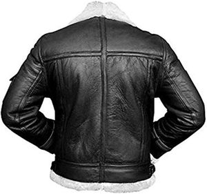Custom <b>Men's</b> Black <b>Shearling</b> Leather Jacket White Fur Lined Aviator B3 Bomber Winter <b>Coat</b> Warm Zipper Motorcycle Biker Outerwear - Product Image 3