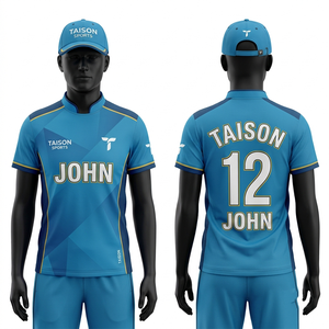 Maillot de cricket pour femmes 180 GSM en polyester interlock bleu ciel et bleu marine avec empiècements latéraux contrastants, sublimation par transfert thermique, logo personnalisé - Product Image 1