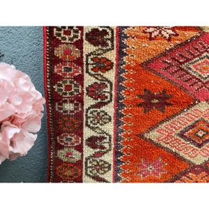Vintage Turkish <b>Runner</b> Rug 2.9x11.5 ft, <b>Red</b> Orange Ikat Wool Rug - Product Image 4