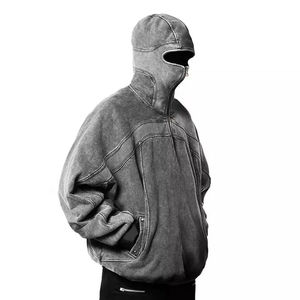 Acid Wash <b>Balaclava</b> New Professional Quality Custom Logo Sports <b>Men</b> 100% Cotton Half Zipper Vintage Hoodies for <b>Men</b> New Arrival - Product Image 2