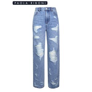 กางเกงยีนส์ขาบานทรงหลวมสำหรับผู้หญิง ยี่ห้อ Paola Riboni สีพื้น เอวสูง ผ้ายีนส์ฟอกสีอ่อน ทรงหลวม ความยาวเต็มตัว สไตล์วินเทจ สำหรับโอกาสที่เป็นทางการ - Product Image 4