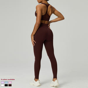 Vêtements de sport de yoga élastiques doux et respirants personnalisés pour femmes Ensembles de fitness 2 pièces de couleur unie - Product Image 6