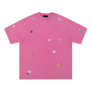 Retro Streetwear camiseta suelta Fit manga corta bordado lindo patrón Casual moda camiseta para hombres mujeres uso diario al por mayor - Product Image 2