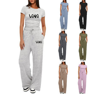 Conjuntos de ropa de salón de 2 piezas de verano para mujer, conjuntos de ropa de salón de 2 piezas informales de manga corta de Color sólido al por mayor personalizados - Product Image 1