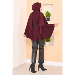 Autumn Warm Houndstooth Patterned Belted Hijab <b>Poncho</b> Burgundy - Product Image 5