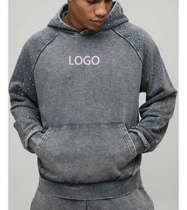 Sweat à capuche de haute qualité, motif en strass, vêtement lavé, mode streetwear pour hommes, poches cousues sur le devant, sweat à capuche ample - Product Image 5