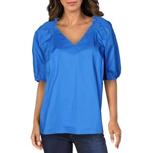 Camicetta da Donna Alfani con Scollo a V e Arricciature, Top Traspirante in Popeline e Seta con Logo Ricamato, Blu Lungo Taglia XL per Ufficio - Product Image 1